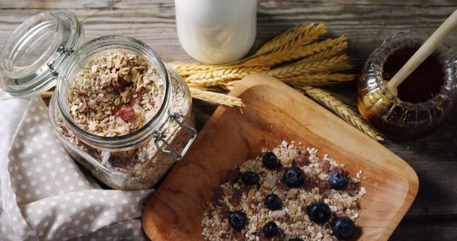 Healthy Breakfast with Oats, Blueberries, and Honey on Rustic Table - Download Free Stock Images Pikwizard.com