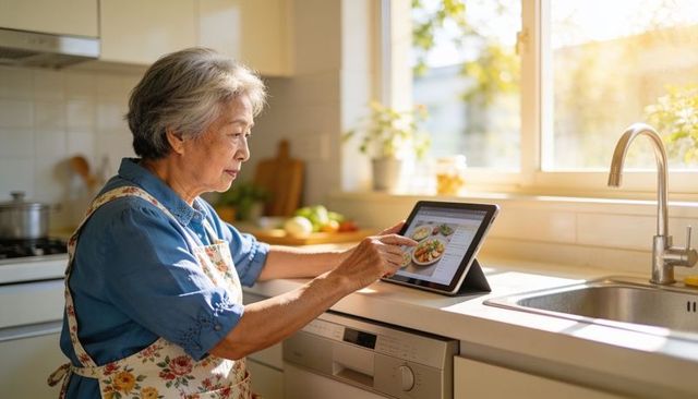 Senior woman following tablet recipe in sunlit kitchen wearing floral apron preparing meal