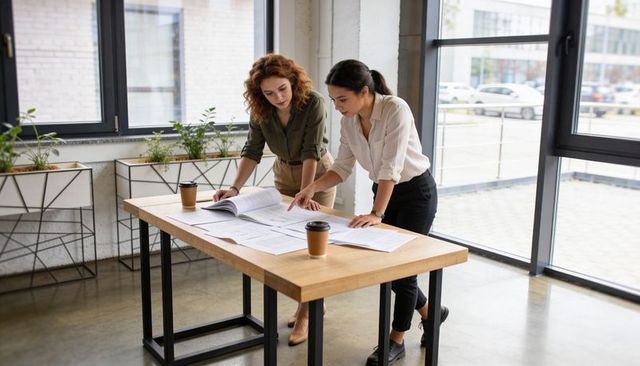 Two women architects collaborating over blueprints in bright modern industrial office space
