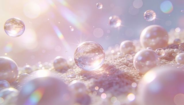 Iridescent crystal droplets on pearlescent granular surface reflecting pastel light