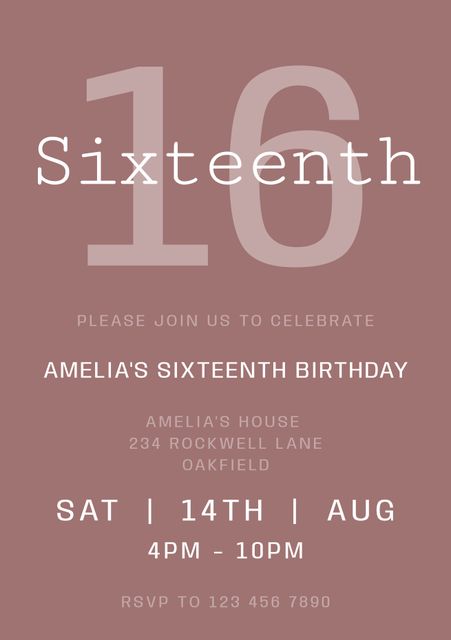 This image features a modern and stylish sixteenth birthday invitation with a dirty pink background. Perfect for young teens, it includes event details and an inviting design, ideal for electronic invites or printed cards. This design appeals to those planning sweet 16 celebrations, combining elegance and simplicity.