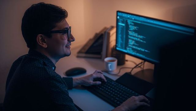 Dedicated programmer working late at home desk with code and essentials