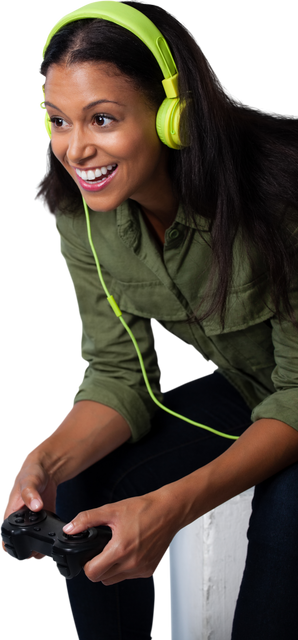 Smiling Woman with Green Headphones Playing Video Game in Transparent Background - Download Free Stock Videos Pikwizard.com