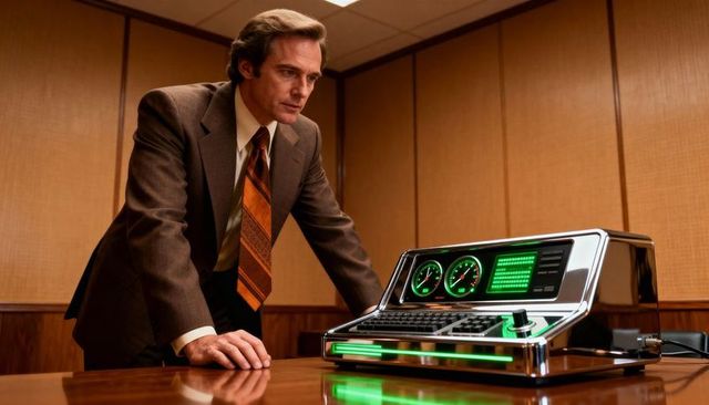 Leaning executive examining retro chrome computer terminal in vintage boardroom