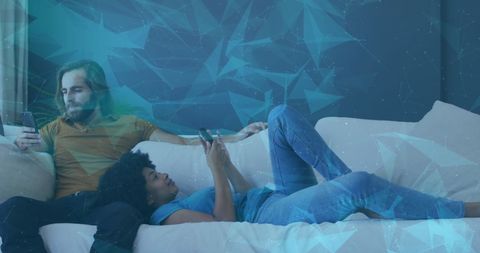 Diverse Couple Relaxing with Smartphones and Digital Overlay