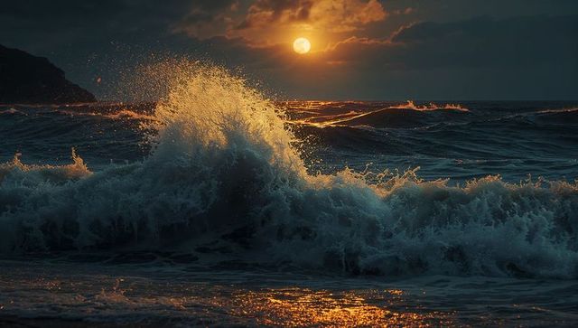 Majestic Ocean Wave at Dusk with Glowing Sunset and Landscape View
