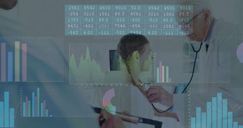 Healthcare Professional Examines Child Amidst Digital Data Visualization