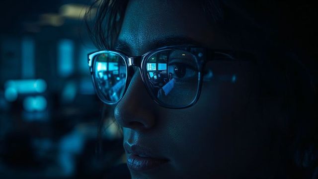 Woman Exploring Data Insights in Blue-Lit Control Room