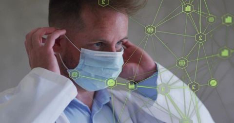 Doctor adjusting surgical mask with neon-green health data network overlay for telemedicine