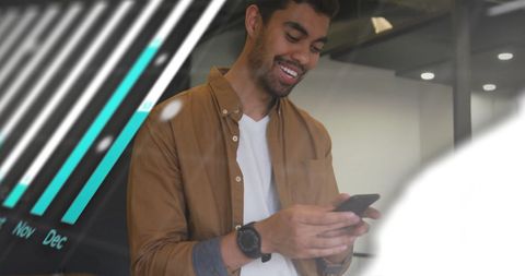 a businessman engages with digital financial data superimposed on his surroundings in a modern office. he is focused on a smartphone, suggesting interaction with financial technology and data analysis. useful for illustrating concepts related to global finance, mobile technology usage in corporate environments, and the integration of digital tools in modern business practices.