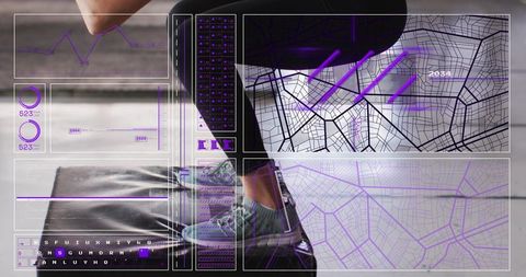 Partners balancing on mat wearing leggings and sneakers with purple ar fitness hud overlay