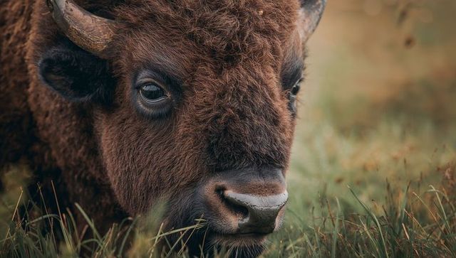Closeup american bison head showing dense curly fur, horn and dark eye in prairie grass