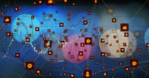 Digital finance dashboard with candlestick chart and social icons