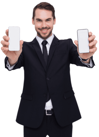 smiling businessman displaying two smartphones on transparent background - Download Free Stock Videos Pikwizard.com