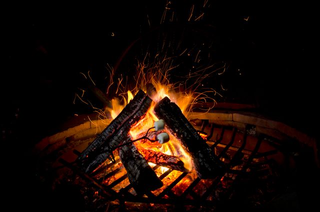Roasting marshmallows over a campfire at night. Sparks flying around burning logs create a warm, cozy feeling. Ideal for use in camping, outdoor adventure, or family bonding content. Perfect for illustrating nighttime summer activities.