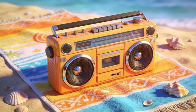 Retro orange boombox basking on sunlit beach towel with seashells