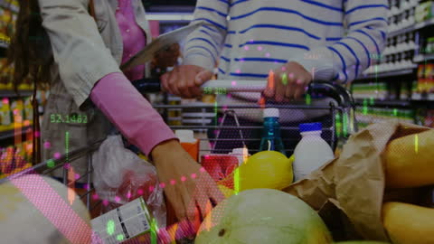 Couple Shopping with Digital Financial Overlay in Supermarket