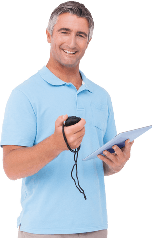 Trainer holding stopwatch and clipboard with a transparent background