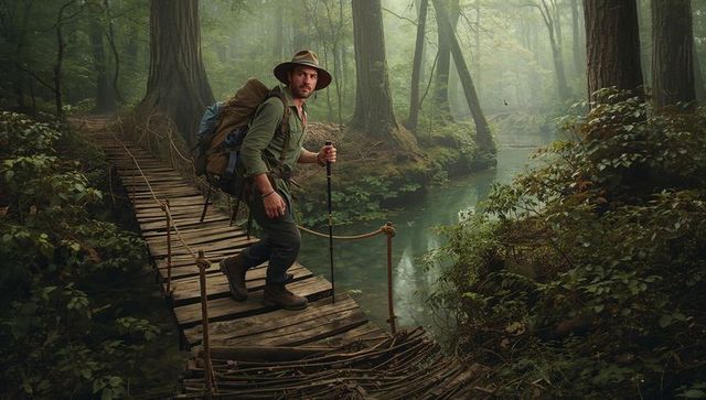 Backpacker Standing on Worn Rope Bridge Over Misty Woodland Stream Holding Trekking Pole
