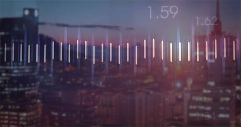 Digital data visualization over urban dusk skyline