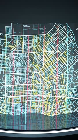 Curved Screen Showing Neon Street Grid Map with Reflective Floor in Futuristic Control Hub