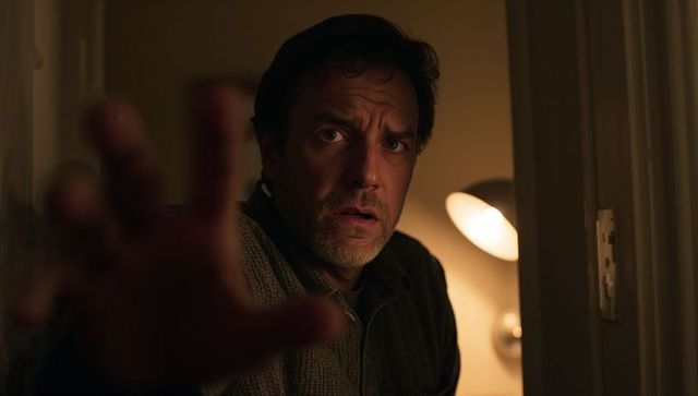 Middle-aged man reaching through doorway peering shocked and tense in warm lamplight