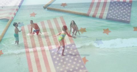 Family Enjoying Beach Day with American Flag Overlays
