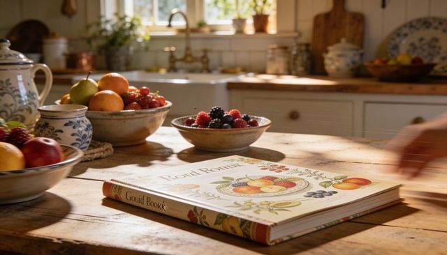 Sunlit farmhouse cookbook on rustic wooden table with fresh fruit bowls and reaching hand
