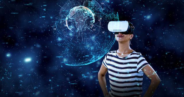 Young woman interacts with VR headset against a backdrop containing digital earth graphic and futuristic design elements. Suitable for illustrating topics on breakthrough technology, virtual reality experiences, and innovations in digital interaction. Ideal for use in tech blogs, website banners, presentations, or articles about advancements in virtual experiences.