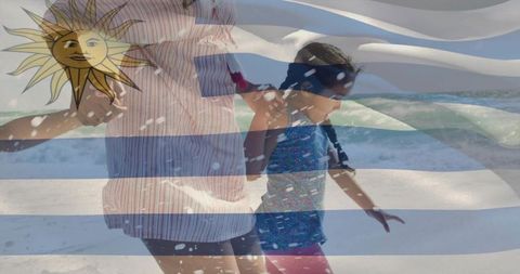 Mother and daughter walking on sunlit beach with uruguay flag overlay for family vacation
