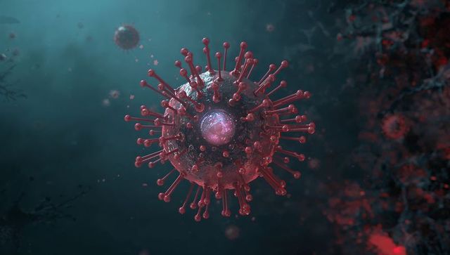 Floating viral particle showing glowing core and spike proteins for medical research