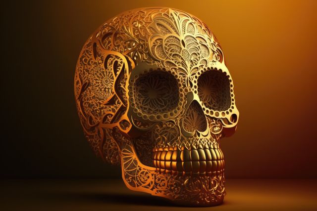 Golden brown mexican decorative sugar skull on brown background, using generative ai technology. Skull, mexico and traditional concept.