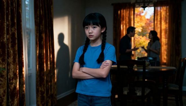 Preteen girl standing with arms crossed as parents argue in moody dining room