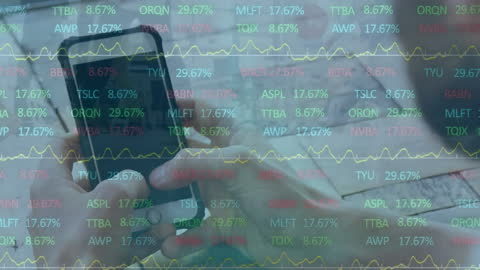 Businessman Using Smartphone Analyzing Stock Market Data Overlay