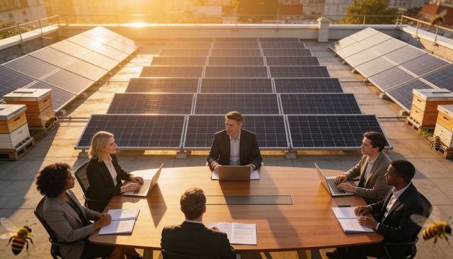 Executives meeting on rooftop solar farm with beehives at sunset for sustainable leadership