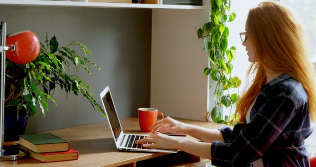 Woman Working on Laptop in Home Office With Plants - Download Free Stock Images Pikwizard.com