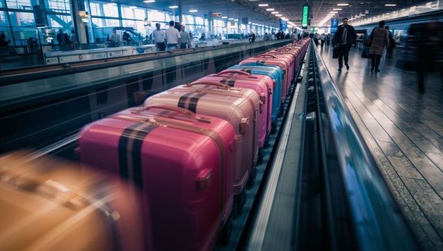 Moving Suitcases on Airport Conveyor Belt in Modern Terminal