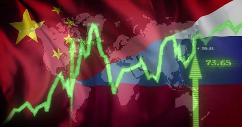 Global market growth overlaying china russia flags with neon stock chart and arrows