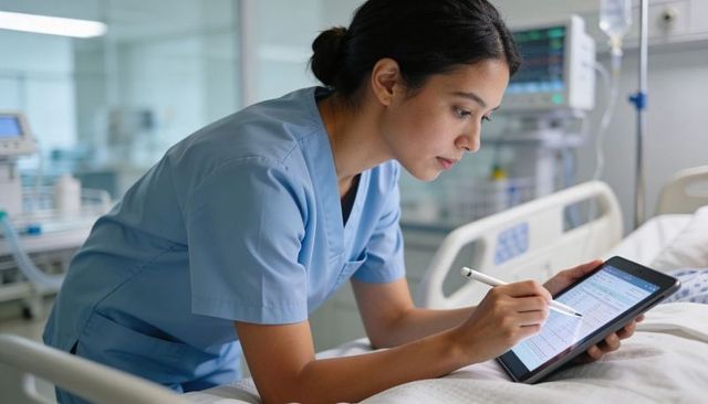 Nurse documenting patient chart on tablet at bedside in modern hospital ward using stylus