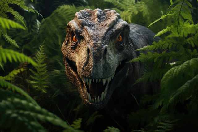 Realistic depiction of a roaring velociraptor surrounded by lush jungle vegetation. Great for educational materials, prehistoric exhibitions, and dinosaur-themed content.