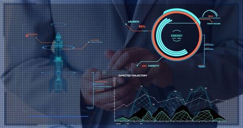 Executive Analyzing Futuristic Digital Interface with Rocket Trajectory