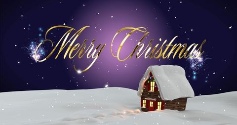 Winter Wonderland with Merry Christmas Text and Snowy Cabin at Night