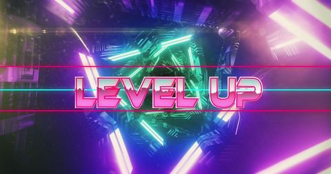 Neon level up banner on futuristic glowing tunnel background