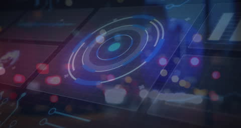 Digital Interface with Blurred Cityscape Lights and Processing Circle