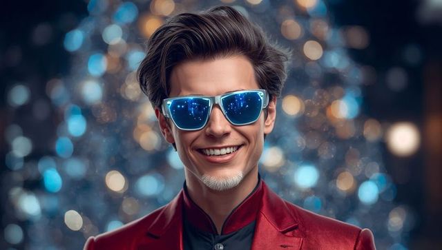 Stylishly Confident Man in Nightclub Wearing Reflective Sunglasses