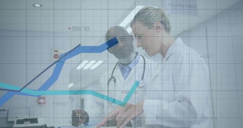 Doctors collaborating over patient data with analytics overlay improving clinical workflow
