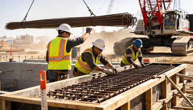Construction workers assembling rebar cage for concrete foundation while crane lifts rebar