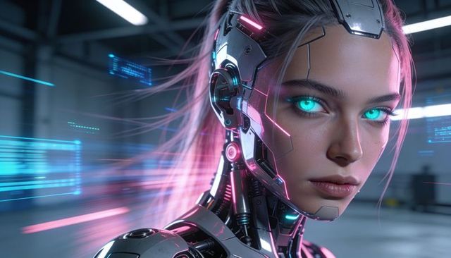 Female cyborg wearing neon exoskeleton and holographic hud, futuristic android portrait
