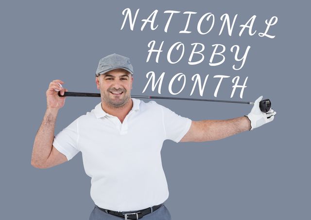 Digital composite of smiling golfer with club and national hobby month text over purple background. symbol and sport.