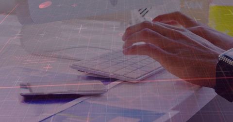 Typing Hands on White Keyboard with Smartphone and Documents, Digital Grid Overlay